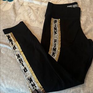 PINK  Victoria’s Secret black/gold Yoga Leggings mega bling L